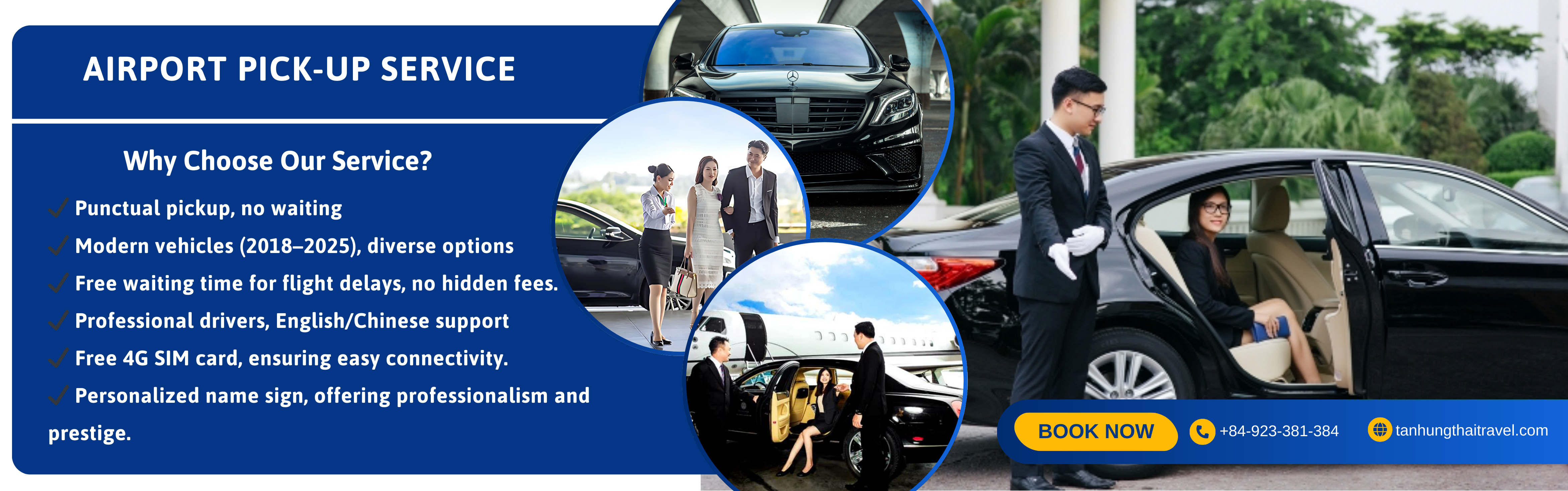 Just landed at the airport and want to travel quickly and safely? Tan Hung Thai Travel offers high-standard airport pick-up services, saving you time and eliminating the hassle of finding transportation. We pick up guests at Tan Son Nhat (SGN) and Noi Bai (HAN) airports with modern cars and professional drivers, ensuring a smooth journey.